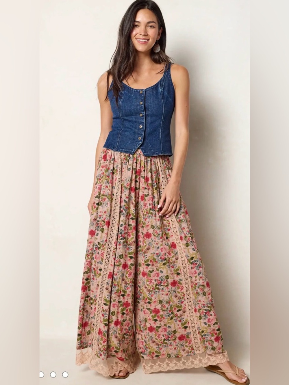 Natural Life Light Pink Bouquets Adeline Wide Leg Pants XL Boho Floral Crochet
